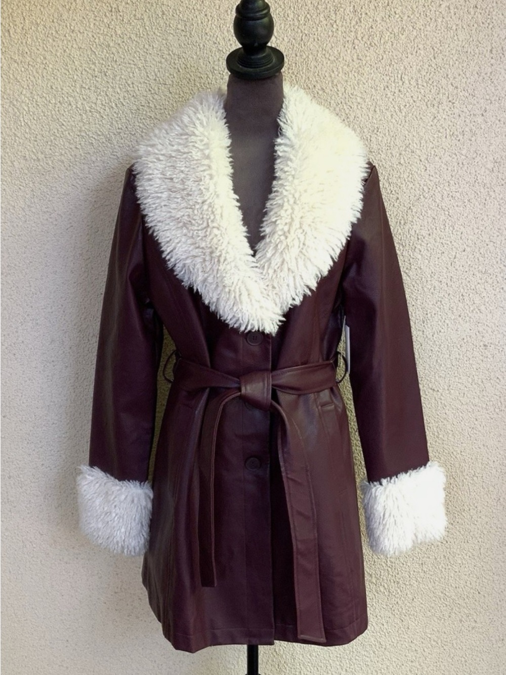 SO Faux Leather Penny Lane Coat Faux Fur Trim Belted Burgundy Purple Size M